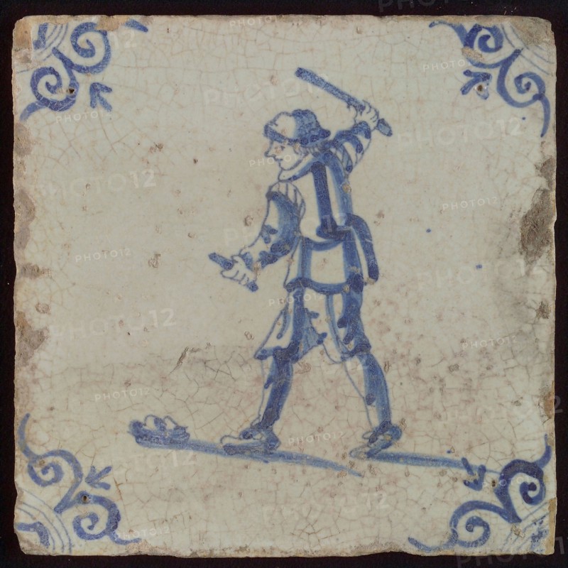 Scene tile, child's play, tipping, corner motif ox's head, wall tile tile sculpture ceramic earthenware glaze, baked 2x glazed