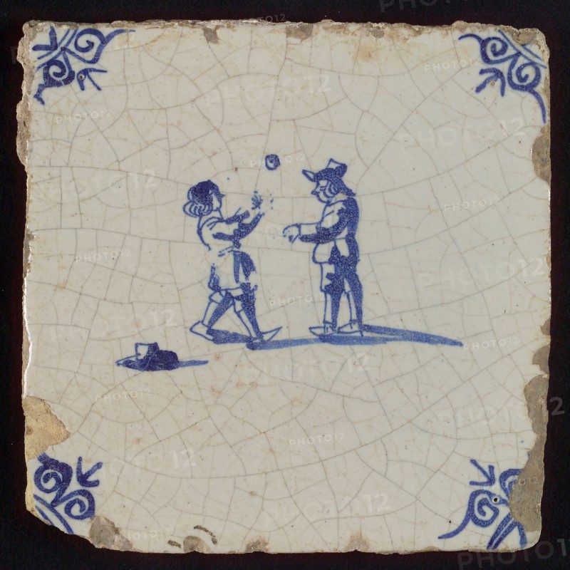 Scene tile, double child's play, play with ball, corner motif ox's head, wall tile tile sculpture ceramic earthenware glaze