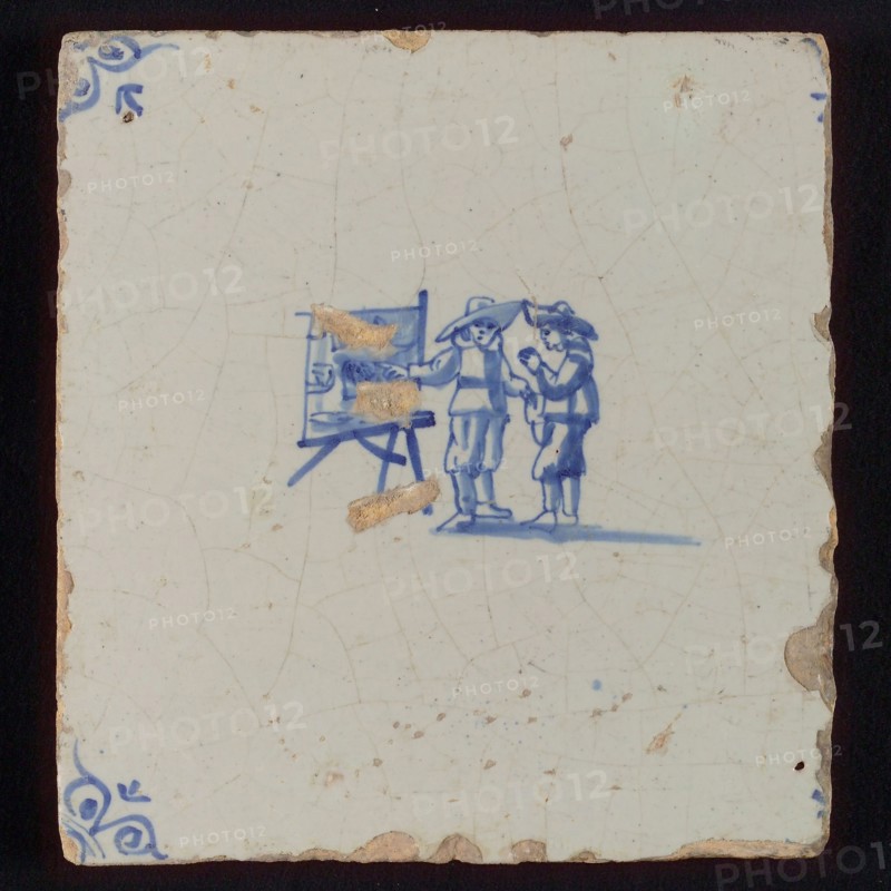 Scene tile, double child's play, print stand, corner motif ox's head, wall tile tile sculpture ceramic earthenware glaze, baked