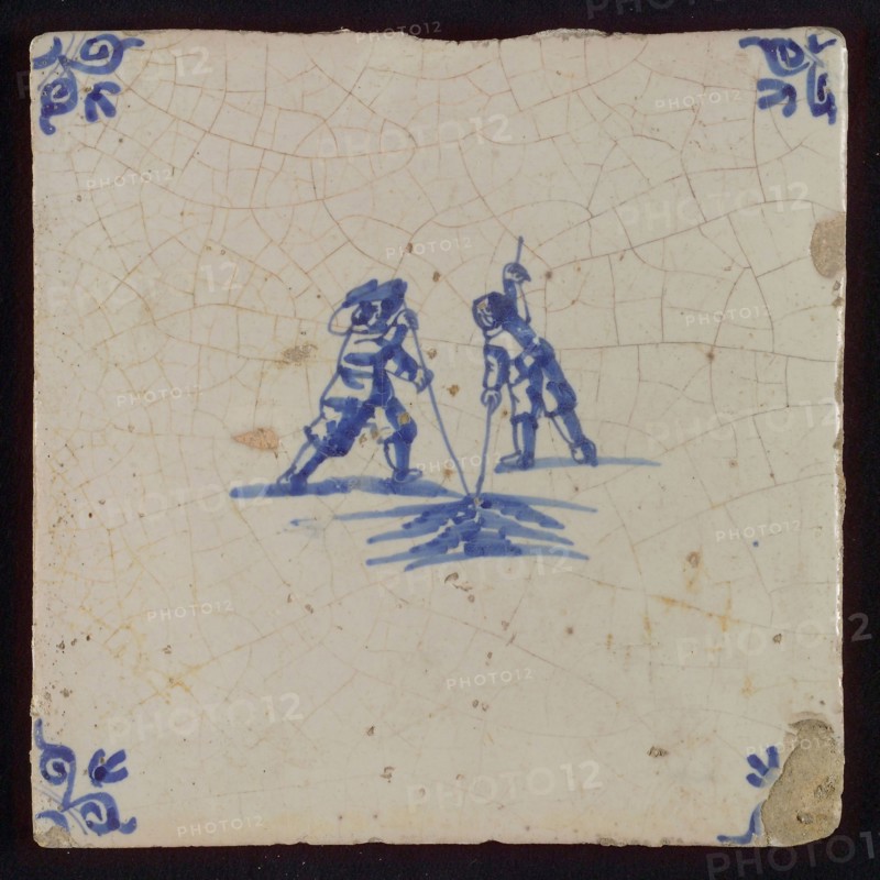 Figure tile, double child's play, pole vault, corner motif ox's head, wall tile tile sculpture ceramic earthenware glaze, baked