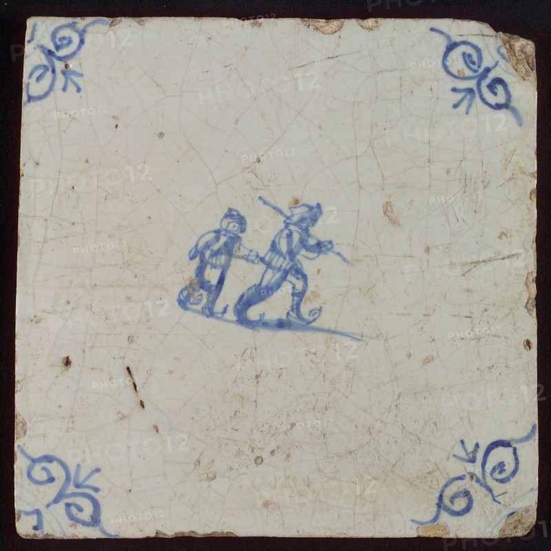 Scene tile, double child's play, ice skating, corner pattern ox's head, wall tile tile sculpture ceramic earthenware glaze