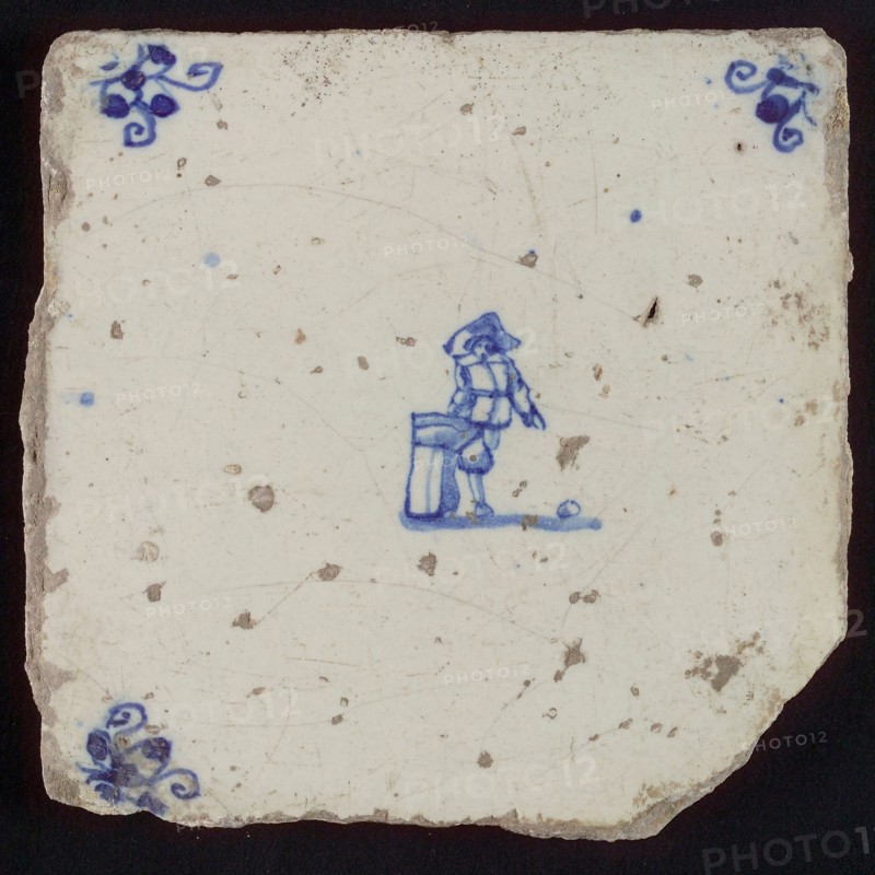 Scene tile, child's play, child plays with ball, corner motif spider, wall tile tile sculpture ceramic earthenware glaze, baked