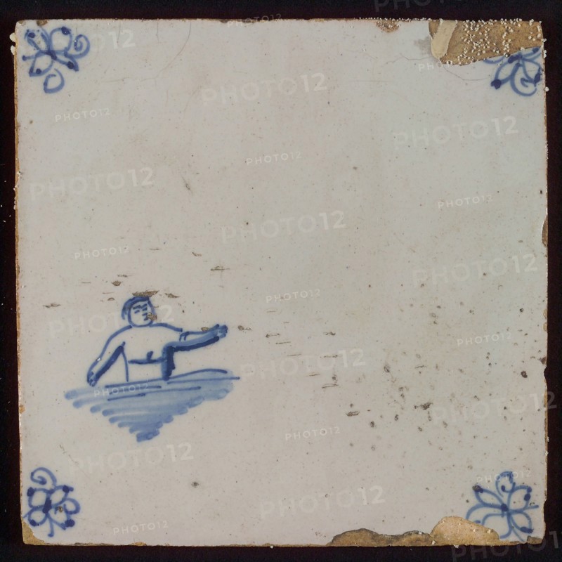 Scene tile, child's play, swimming, corner motif spider, wall tile tile sculpture ceramic earthenware glaze, baked 2x glazed