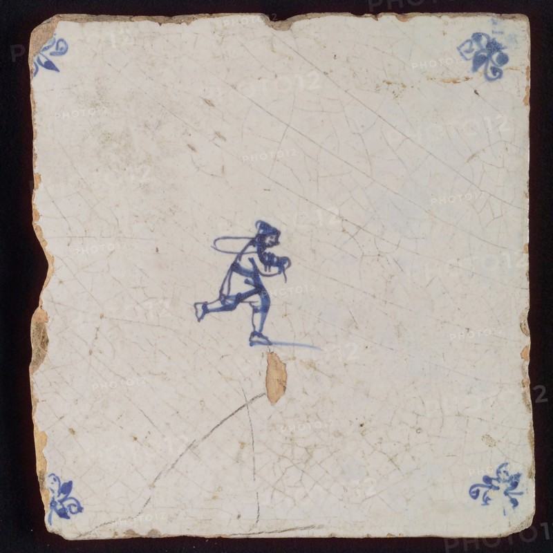 Scene tile, child's play, jump rope, corner motif spider, wall tile tile sculpture ceramic earthenware glaze, baked 2x glazed