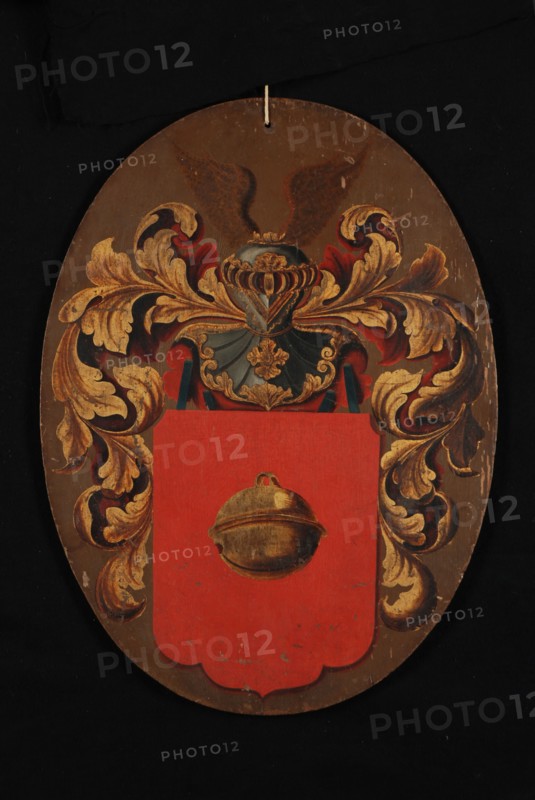 Coat of arms with bell, oval panel, painting visual material wood oil, heraldry