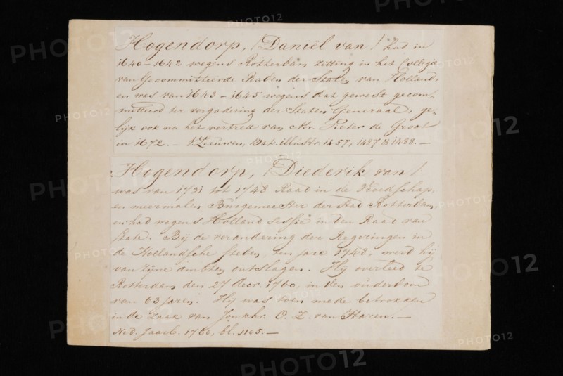 Handwritten concise description of functions performed by Daniël and Diederik van Hogendorp, and signature of both, cut out