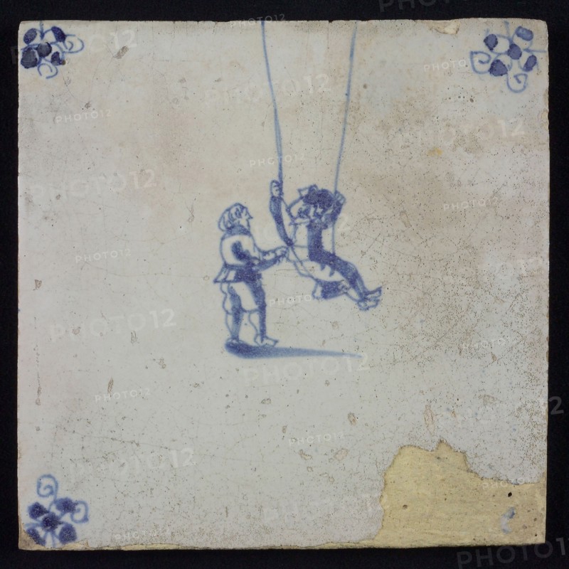 Scene tile, double child's play, rocking, corner motif spider, wall tile tile sculpture ceramic earthenware enamel tinglage