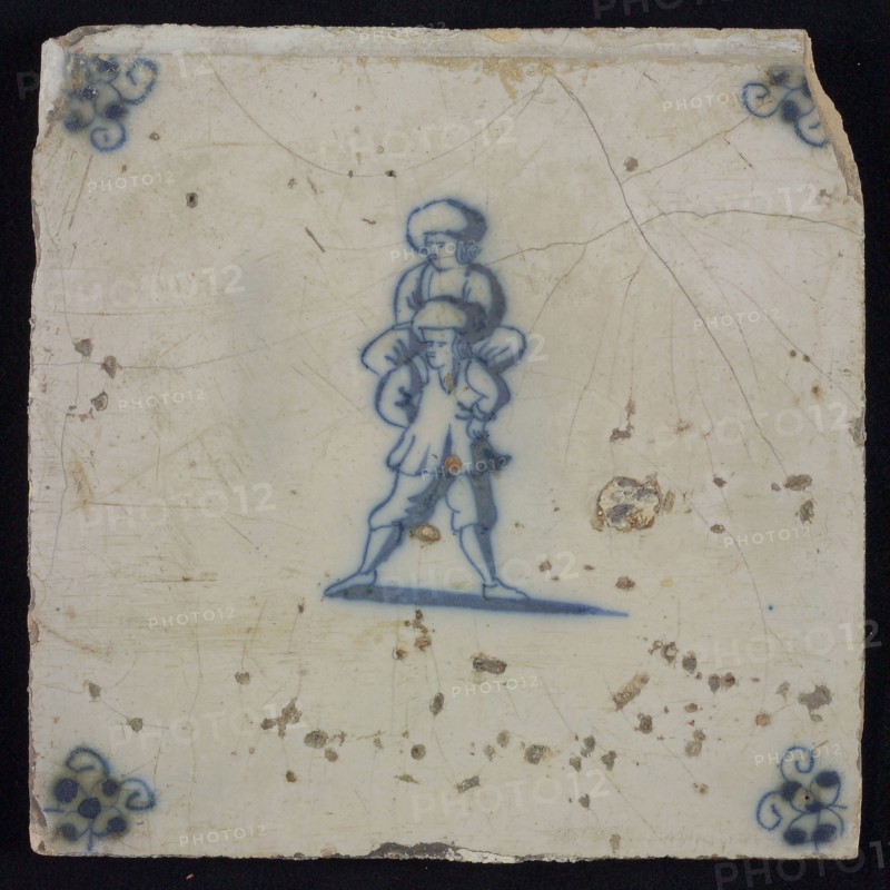 Scene tile, double child's play, leapfrog, corner motif spider, wall tile tile sculpture ceramic earthenware glaze, baked 2x