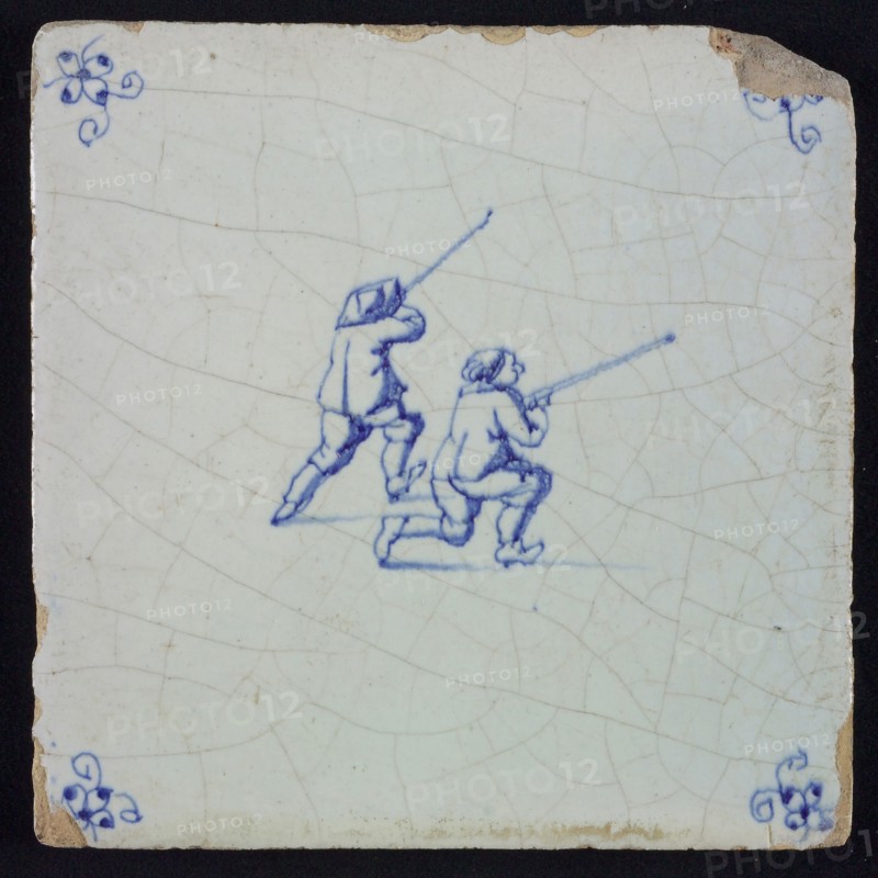 Scene tile, double child's play, blowpipe, corner motif spider, wall tile tile sculpture ceramic earthenware glaze, baked 2x