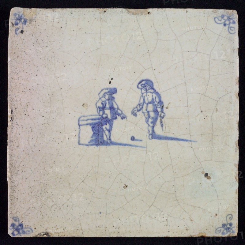 Scene tile, double child's play, rocking, corner motif spider, wall tile tile material ceramics earthenware glaze, baked 2x