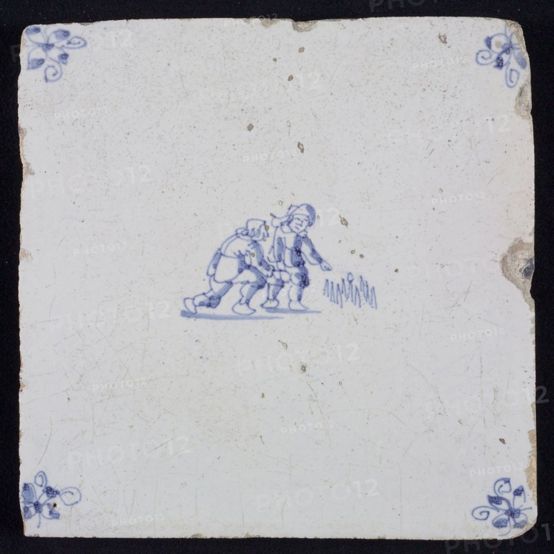 Scene tile, double child's play, skittles; corner motif spider, wall tile tile sculpture ceramic earthenware glaze, baked 2x