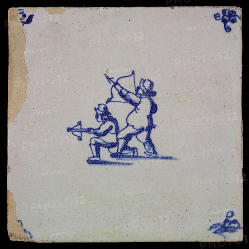 Scene tile, double child's play, archery, corner motif spider, wall tile tile sculpture ceramic earthenware glaze, baked 2x