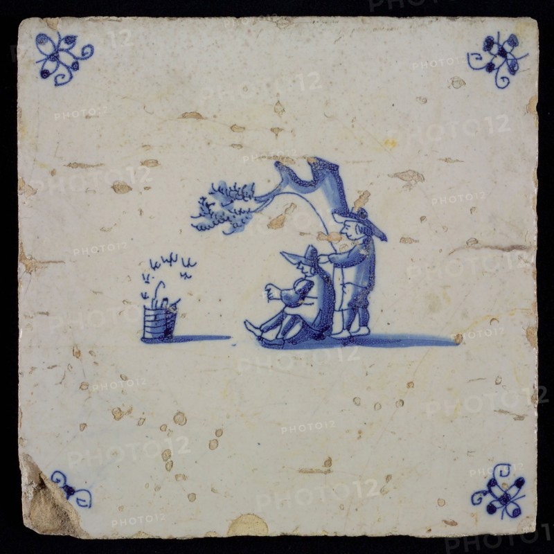 Scene tile, double child's play, catching birds, corner pattern spider, wall tile tile material ceramics earthenware glaze