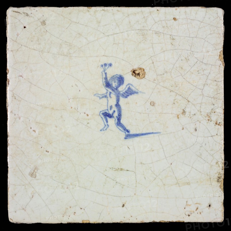 White tile with blue putto, wall tile tile sculpture ceramic earthenware glaze, baked 2x glazed painted
