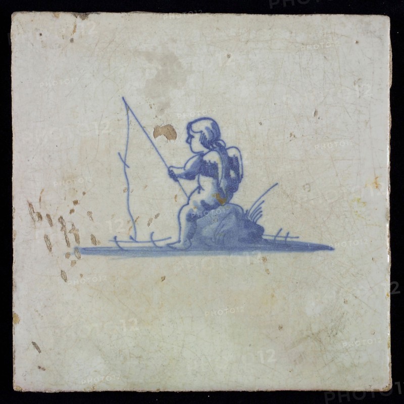 White tile with blue fishing putto, wall tile tile sculpture ceramic earthenware glaze, baked 2x glazed painted