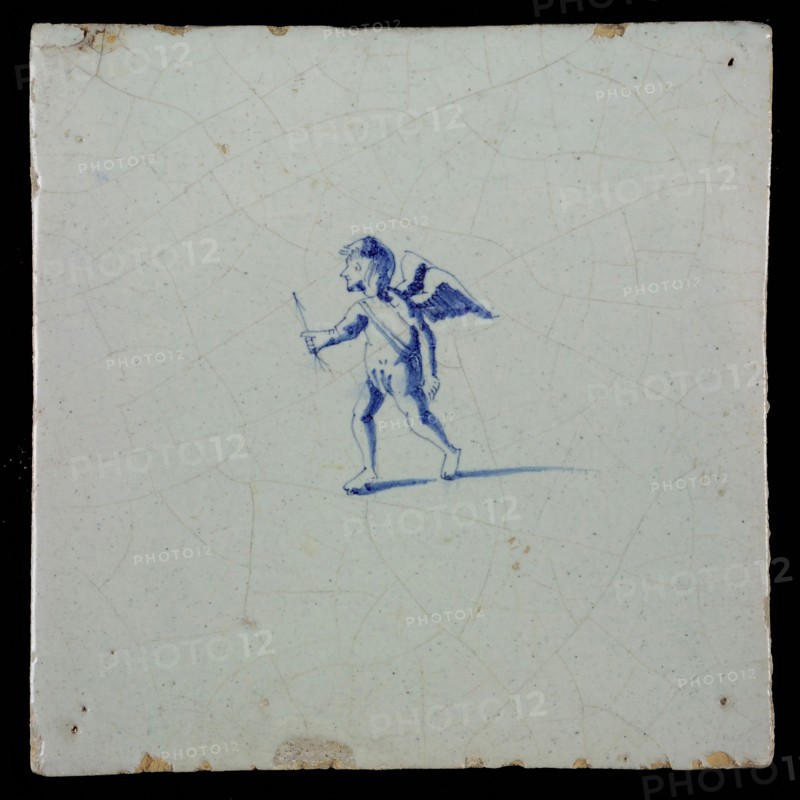 White tile with blue putto, wall tile tile sculpture ceramic earthenware glaze, baked 2x glazed painted