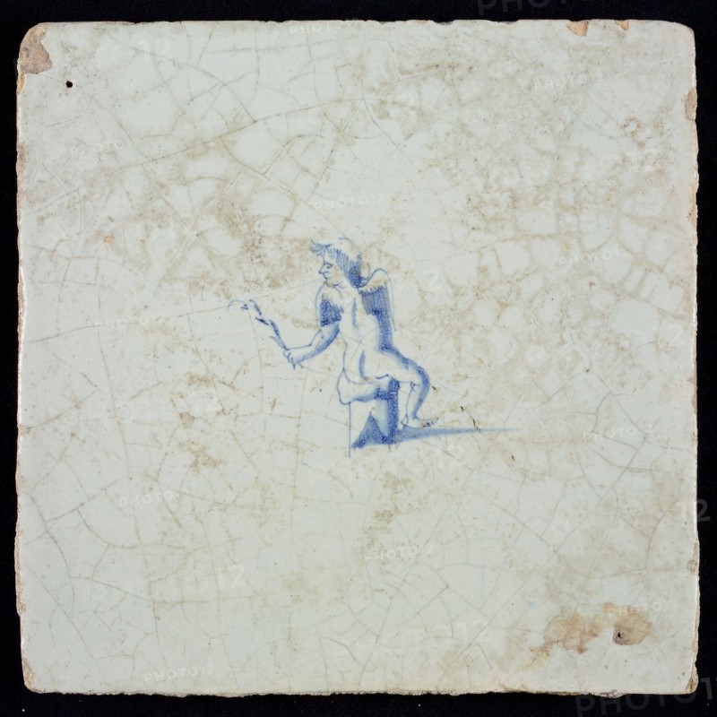 White tile with blue putto, wall tile tile sculpture ceramic earthenware glaze, baked 2x glazed painted
