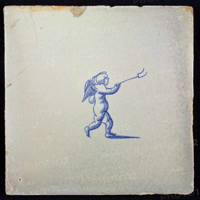White tile with blue putto, wall tile tile sculpture ceramic earthenware glaze, baked 2x glazed painted