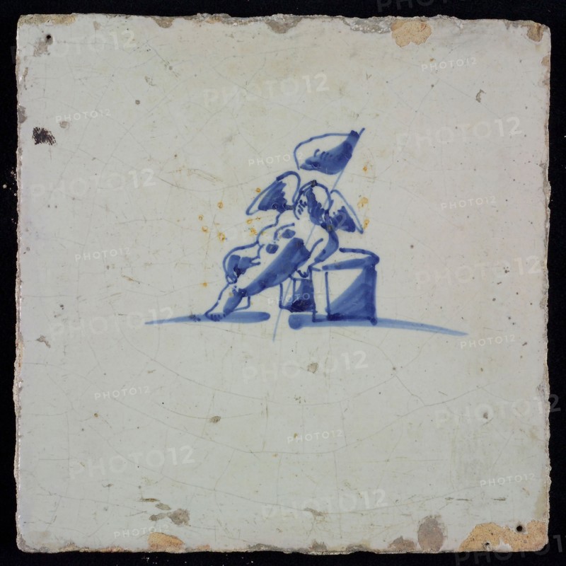 White tile with blue putto, wall tile tile sculpture ceramic earthenware glaze, baked 2x glazed painted