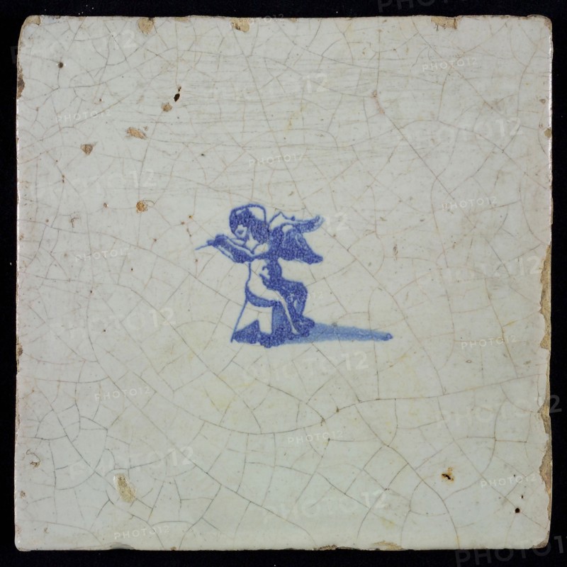 White tile with blue putto, wall tile tile sculpture ceramic earthenware glaze, baked 2x glazed painted