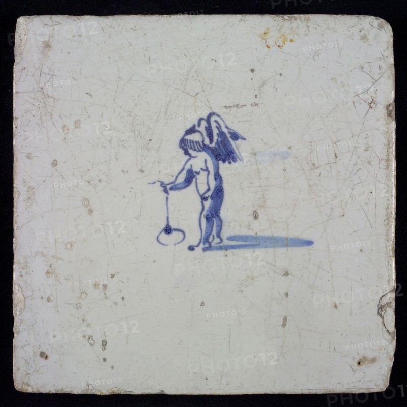 White tile with blue putto, wall tile tile sculpture ceramic earthenware glaze, baked 2x glazed painted