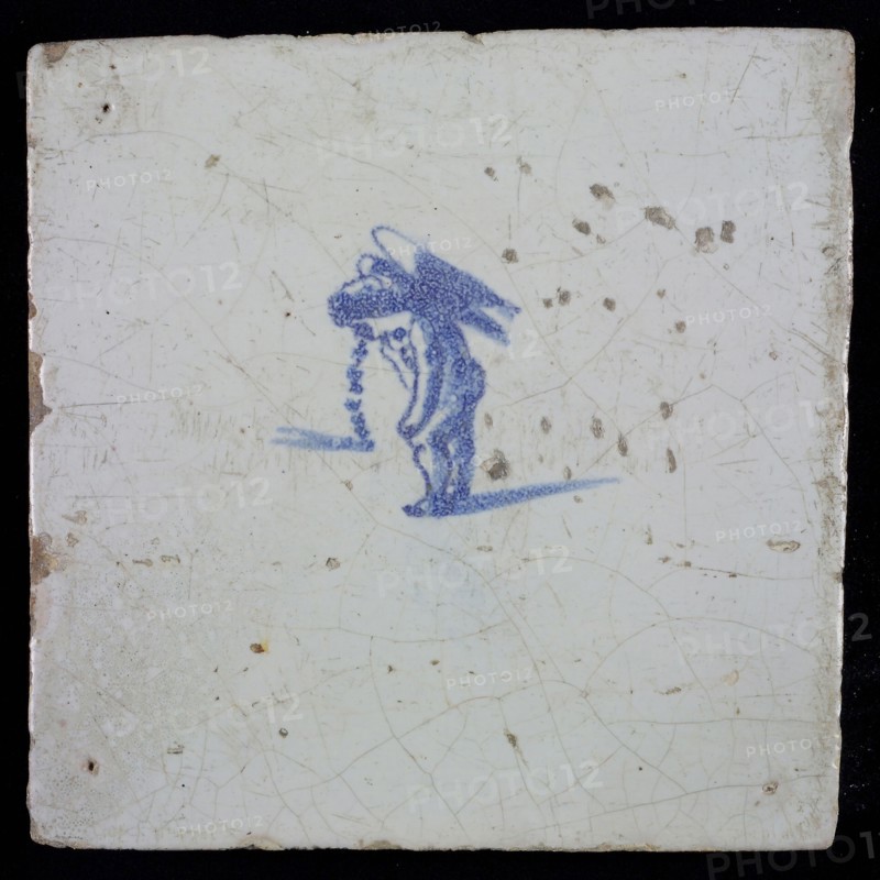 White tile with blue putto, wall tile tile sculpture ceramic earthenware glaze, baked 2x glazed painted