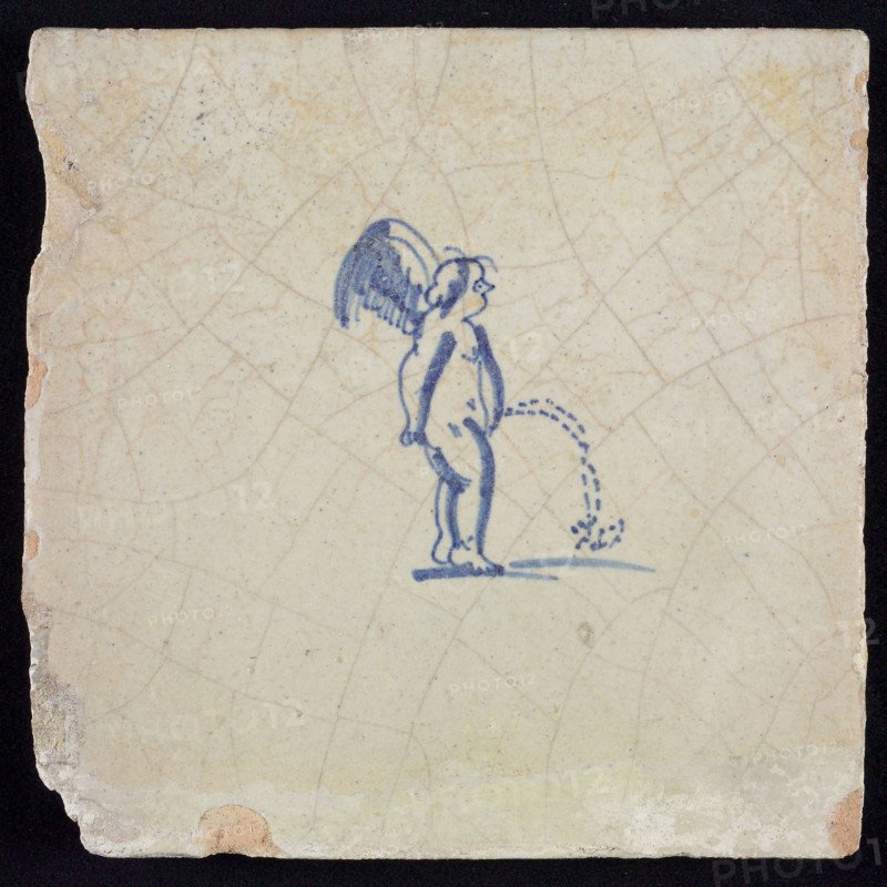White tile with putto in blue pee, wall tile tile sculpture ceramic earthenware glaze, baked 2x glazed painted