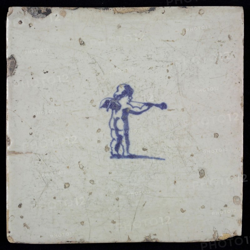 White tile with blue putto, wall tile tile sculpture ceramic earthenware glaze, baked 2x glazed painted