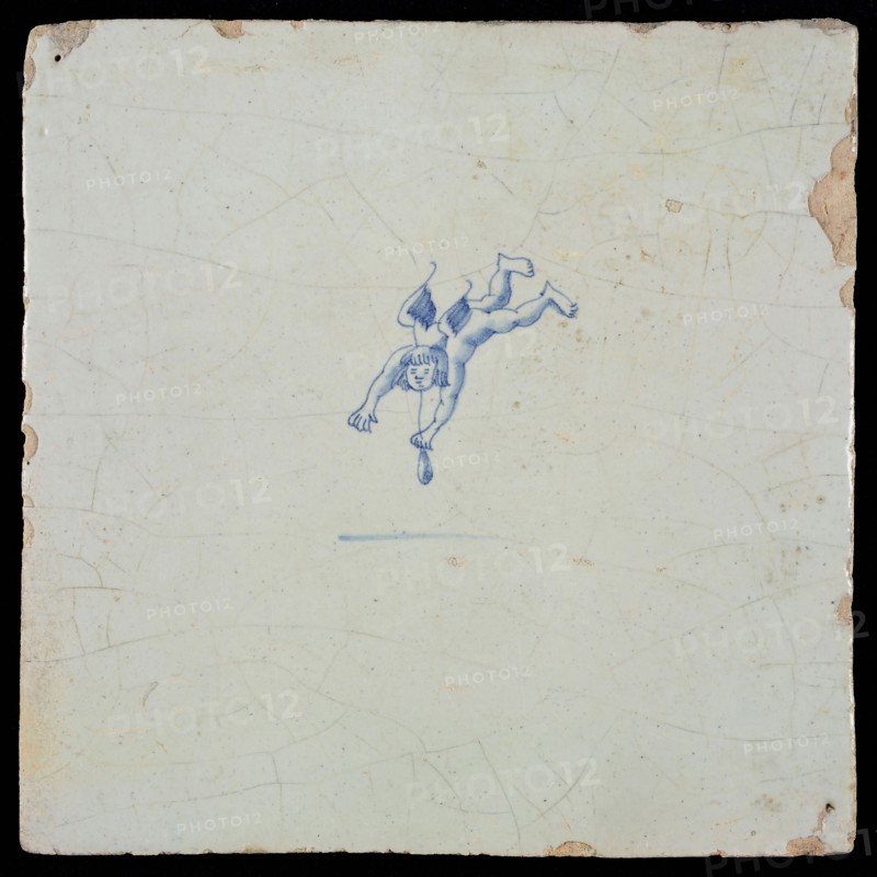 White tile with blue flying putto, wall tile tile sculpture ceramic earthenware glaze, baked 2x glazed painted