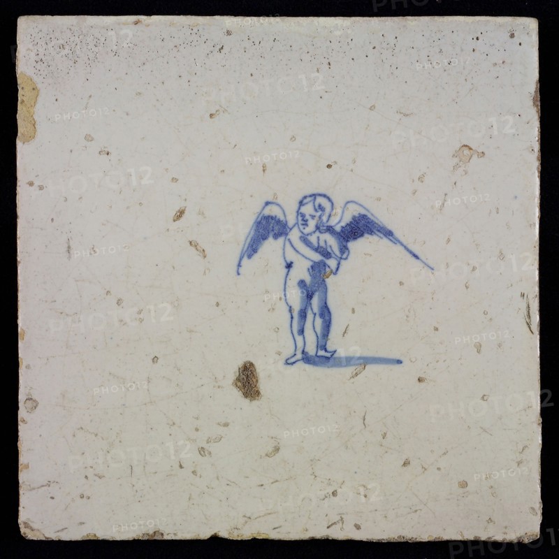 White tile with blue putto, wall tile tile sculpture ceramic earthenware glaze, baked 2x glazed painted