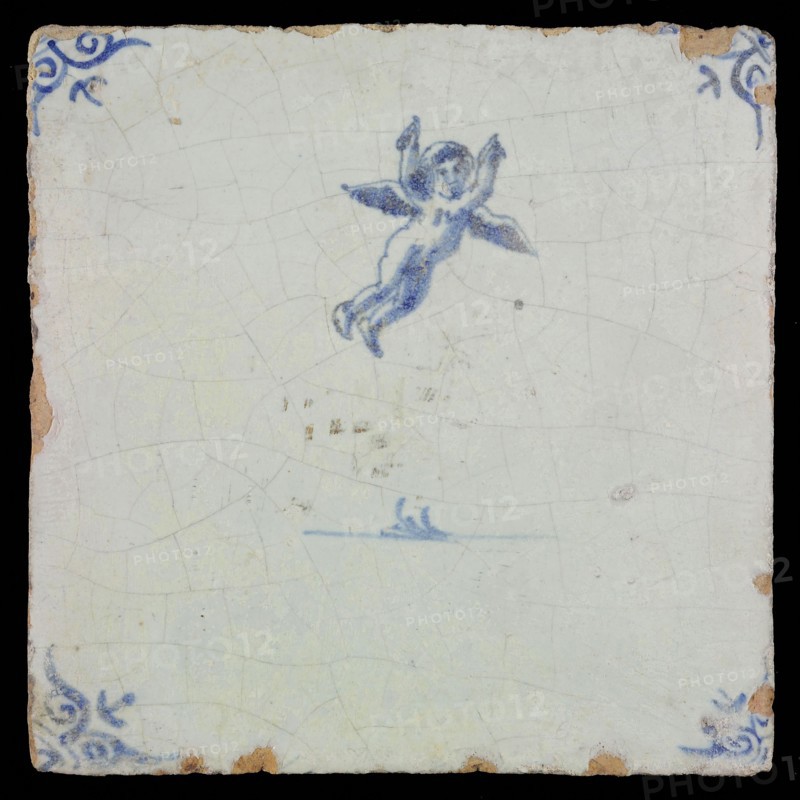 White tile with blue flying putto; corner pattern ox head, wall tile tile sculpture ceramic earthenware glaze, baked 2x glazed