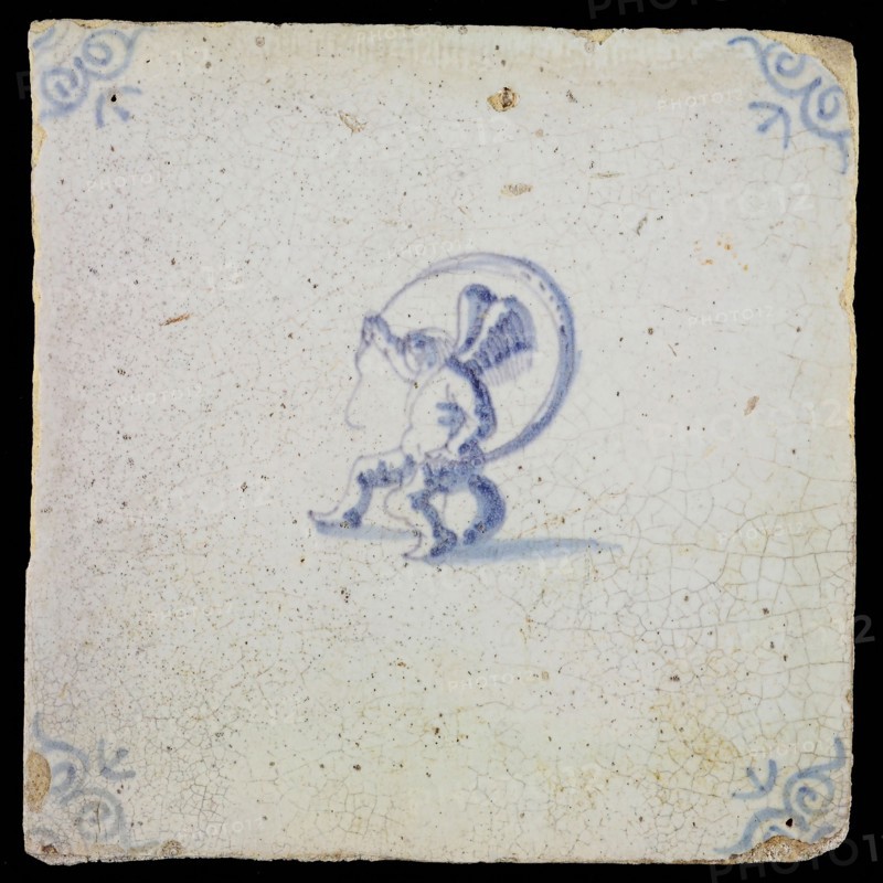 White tile with blue seated putto; corner pattern ox head, wall tile tile sculpture ceramic earthenware glaze, baked 2x glazed