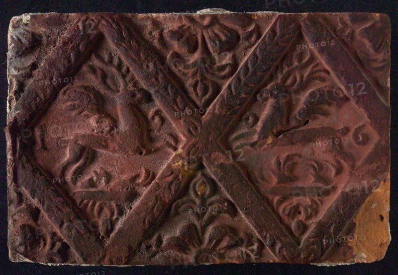 Hearthstone, from Antwerp Belgium, without frame, with winged deer in glass, fireplace stone part ceramic brick, baked Hearth
