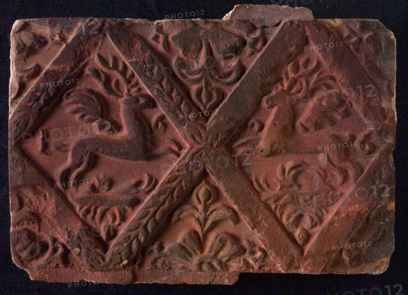Hearthstone, from Antwerp Belgium, without frame, with winged deer in glass, fireplace hearth part ceramic brick, baked Hearth