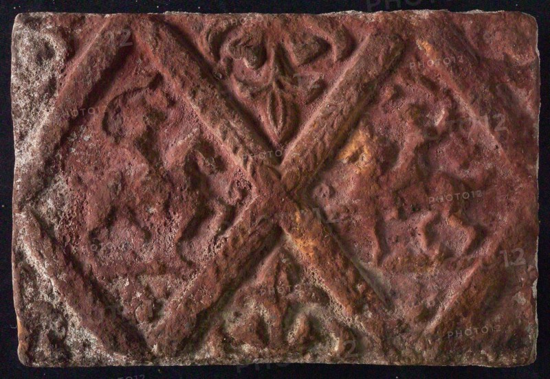 Hearthstone, from Antwerp Belgium, without frame, with two knights on horseback, hearth fireplace component ceramics brick