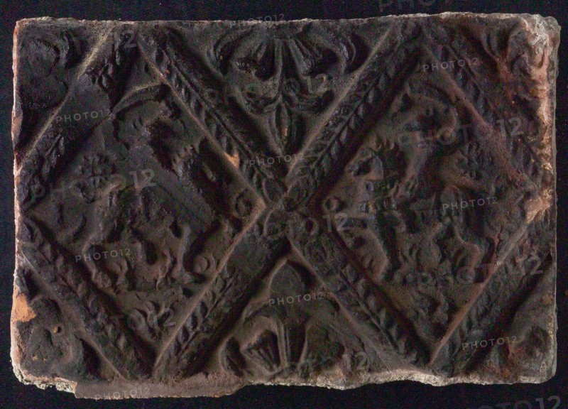 Hearthstone, from Antwerp Belgium, without frame, with two knights on horseback, hearth fireplace component ceramics brick