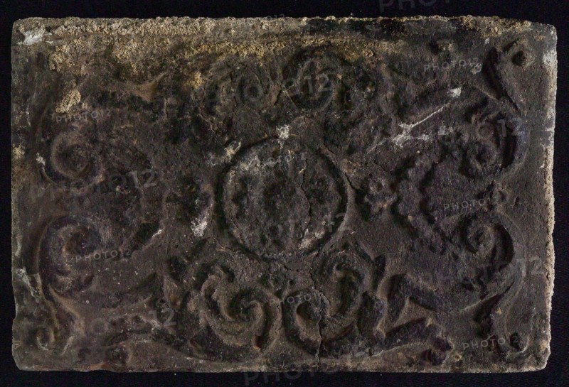 Hearthstone, from Antwerp Belgium, without frame, with C-volutes, fireplace hearth part ceramic bricks, baked Hearth stone of