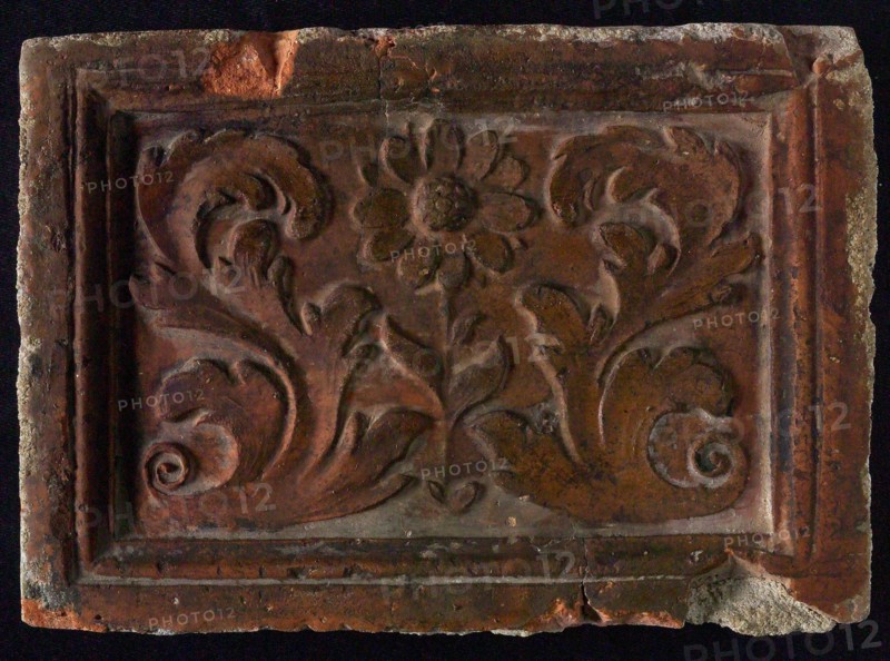 Hearthstone, Luiks, from Luik, Liege Belgium, with wide frame, with floral motifs, hearth fireplace component ceramics brick