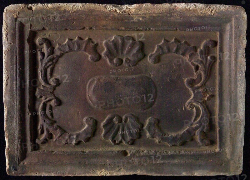 Hearthstone, Luiks, from Luik, Liege Belgium, with wide frame, with cartouche, hearth fireplace component ceramic pottery, fired