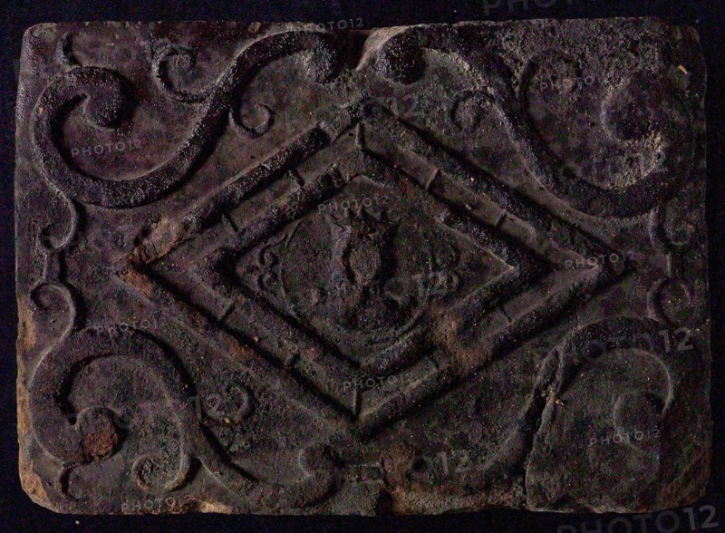 Hearthstone, from Antwerp Belgium, without frame, with crowned person, fireplace stone fireplace component ceramics brick, baked
