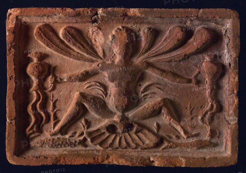Hearthstone, from Antwerp Belgium, with narrow frame, with seated person on shell, hearth fireplace component ceramics brick