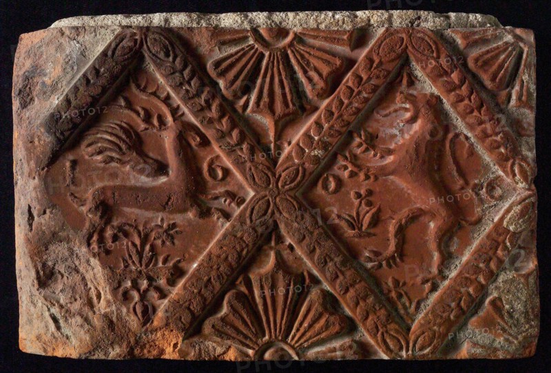 Hearthstone, from Antwerp Belgium, without frame, with winged deer and lion, hearth fireplace component ceramics brick, baked