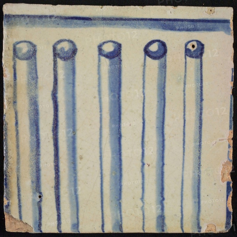 Tile of chimney pilaster, blue on white, part of column with cannelure, chimney pilaster tile pilaster footage fragment ceramics