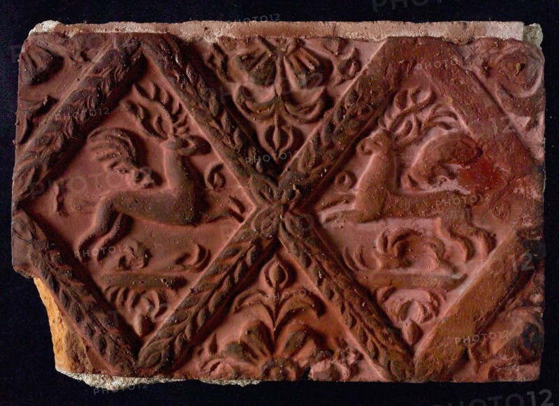 Hearthstone, from Antwerp Belgium, without frame, with winged deer in glass, hearthstone fireplace component ceramics brick