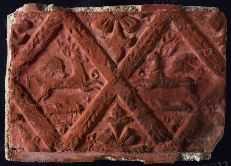 Hearthstone, from Antwerp Belgium, without frame, with winged deer in glass, hearth fireplace component ceramics brick, baked