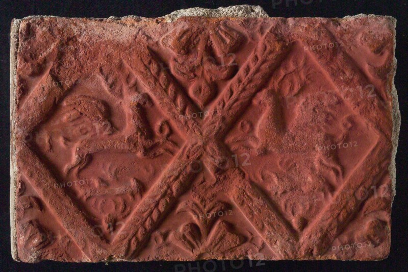 Hearthstone, from Antwerp Belgium, without frame, with winged deer in glass, fireplace stone part ceramics brick, baked Hearth