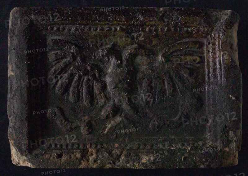 Hearthstone, Luiks, from Luik, Liege Belgium, with wide frame, with two-headed eagle, hearth fireplace part ceramic brick, baked