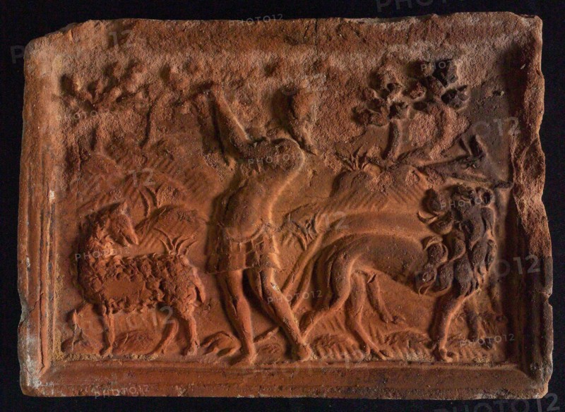 Hearthstone, from Antwerp Belgium, with narrow frame, with good shepherd, hearth fireplace part ceramic brick, fired Hearth