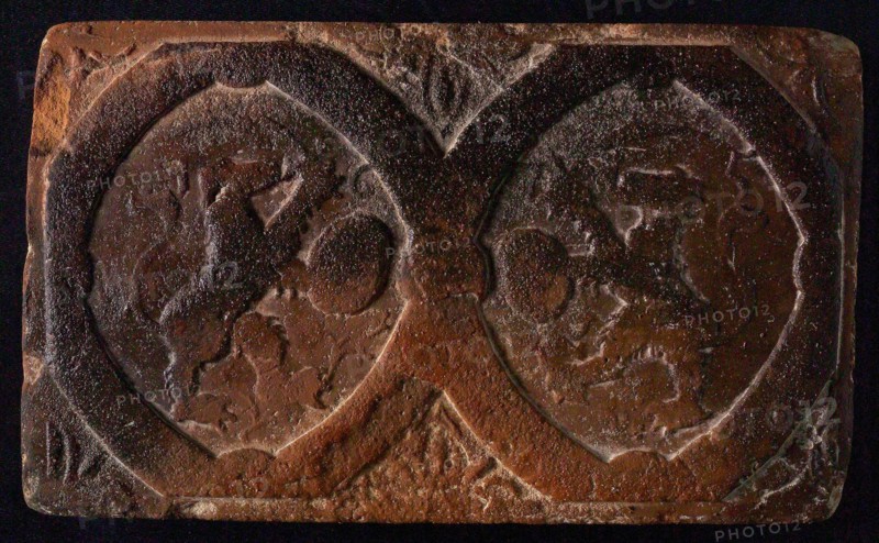 Hearthstone, from Antwerp Belgium, without frame, with lions in oval, hearth fireplace part ceramics brick, baked Hearth