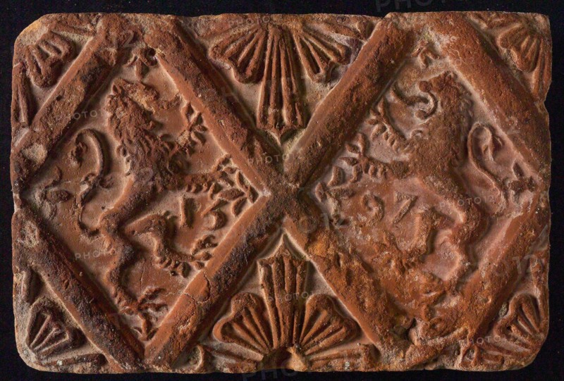 Hearthstone, from Antwerp Belgium, without frame, with two lions in the window, hearth fireplace component ceramics brick, baked